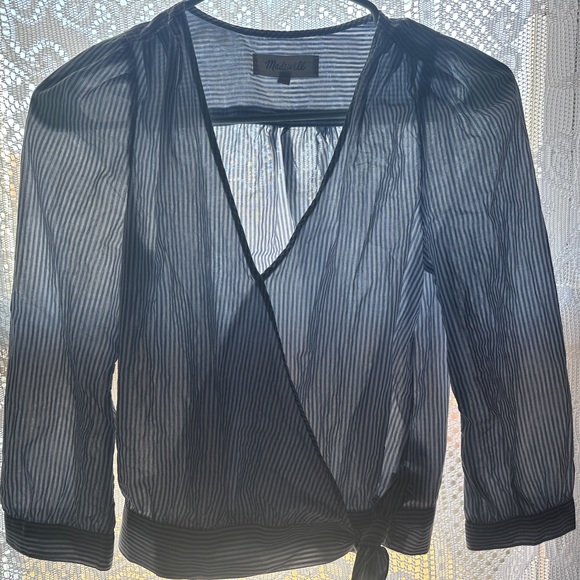 Madewell Light Blue/White Pin Stripe Wrap Blouse - Picture 7 of 8